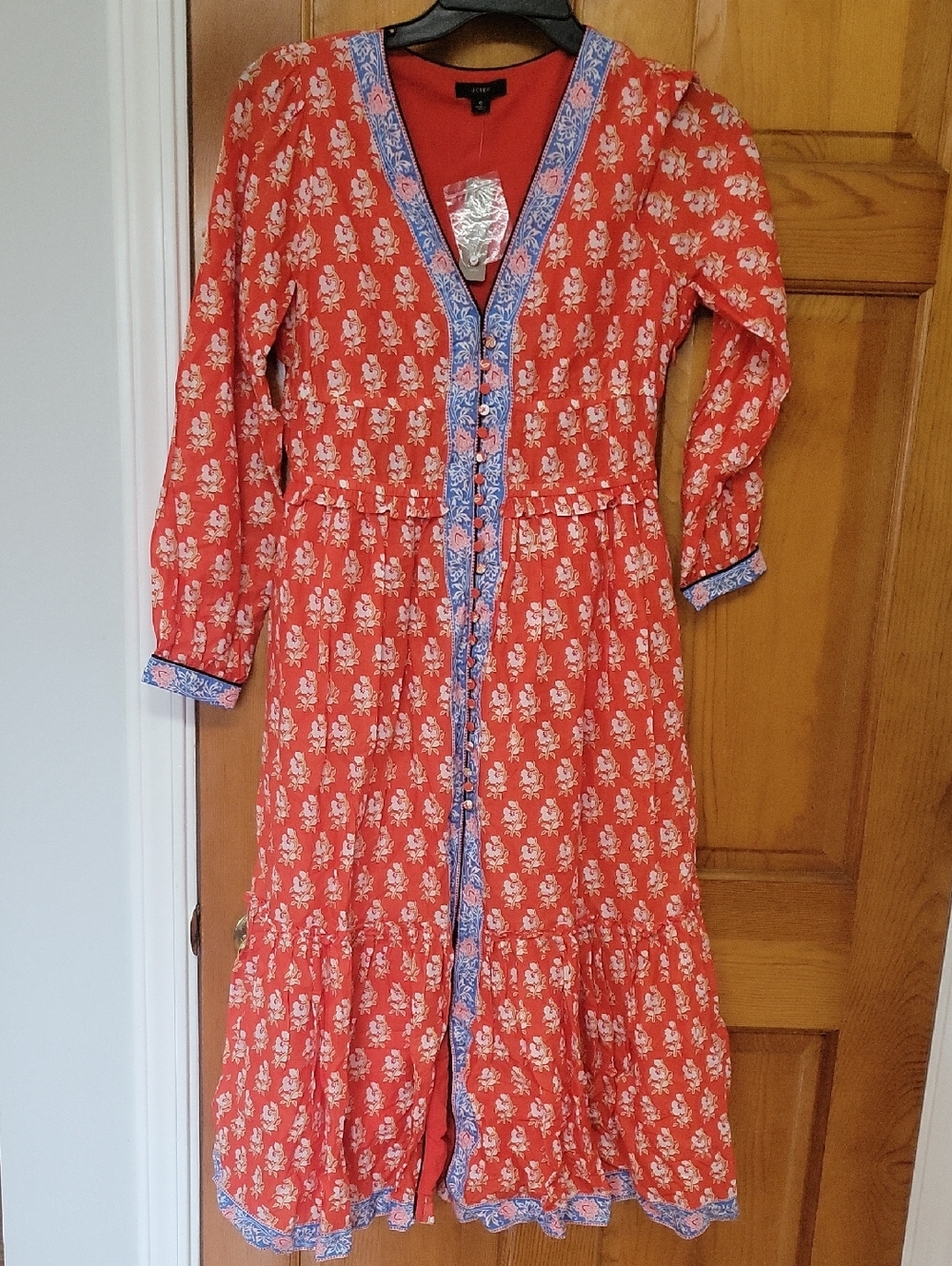 J. Crew Red Printed Button Front Midi Dress with Blue Trim size 6 NWT - Picture 3 of 8